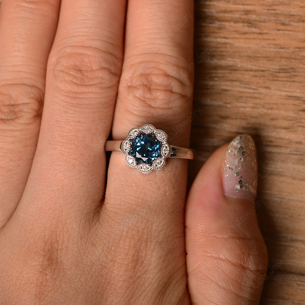 Vintage London Blue Topaz Ring Halo Flower Ring - LUO Jewelry