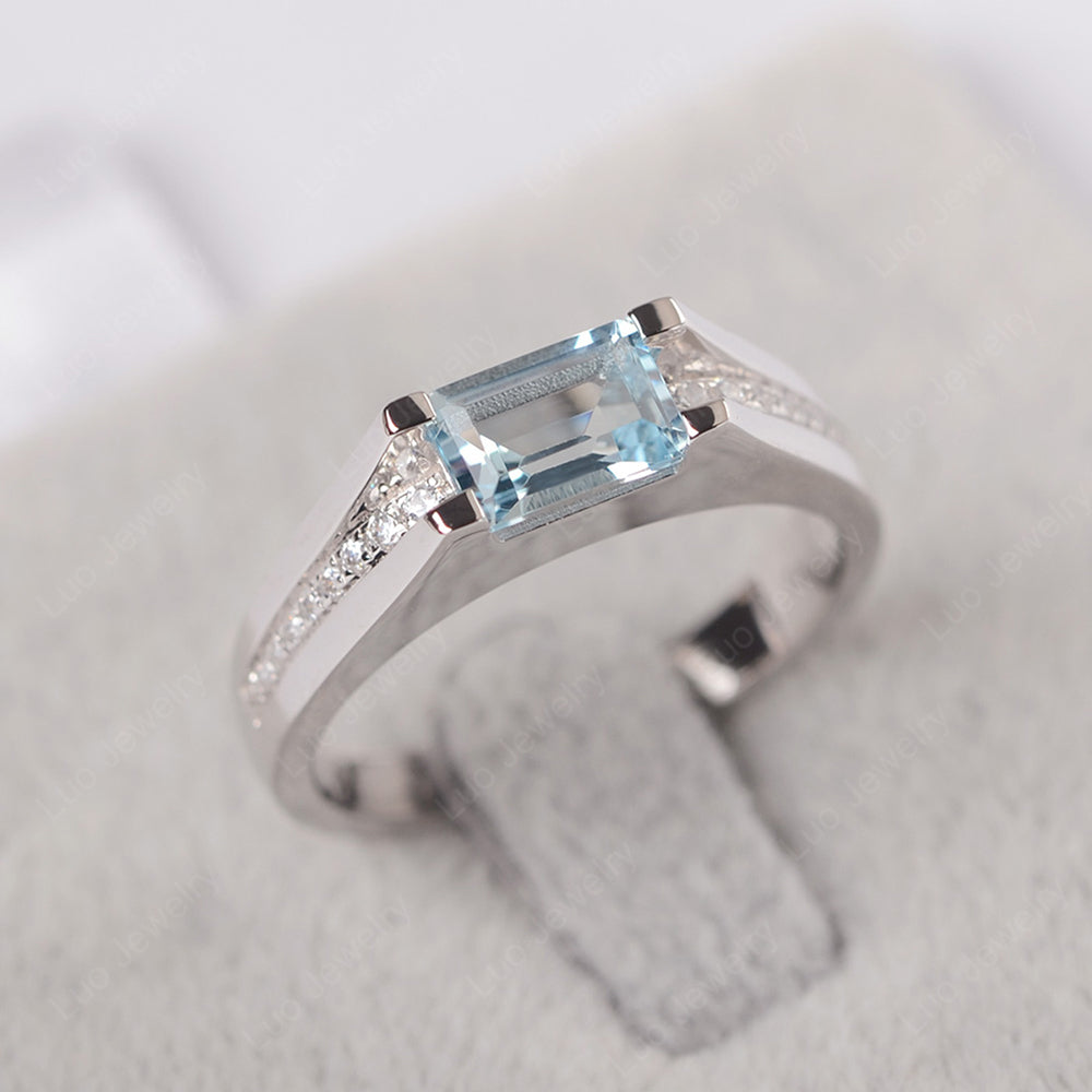 East West Aquamarine Ring Emerald Cut Engagement Ring - LUO Jewelry