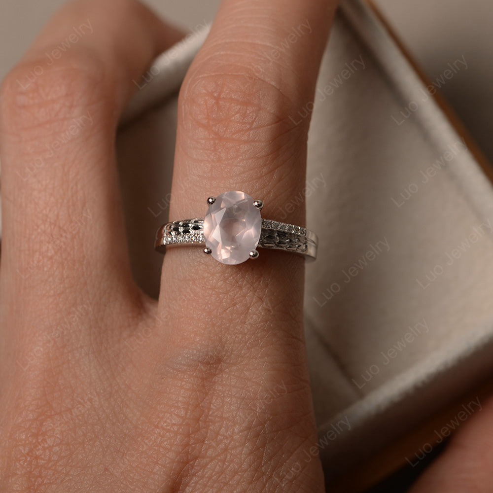 Oval Cut Vintage Rose Quartz Ring White Gold - LUO Jewelry