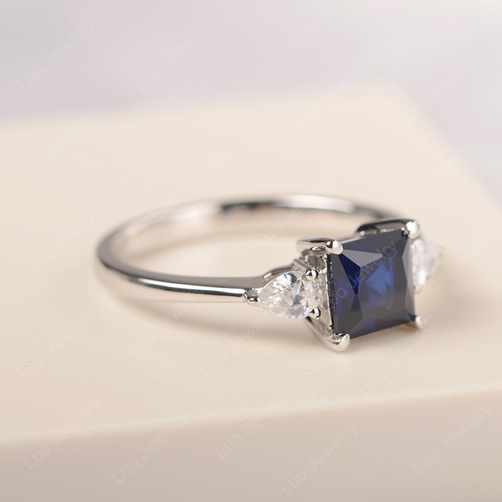 Princess Cut Lab Sapphire Ring With Pear Side Stone - LUO Jewelry
