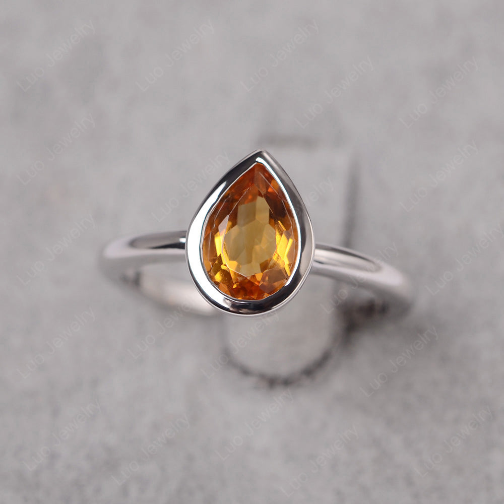 Pear Shaped Citrine Bezel Set Ring Silver - LUO Jewelry