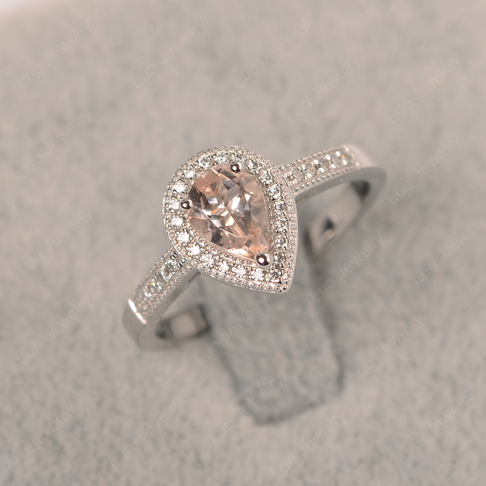 Pear Morganite Halo Engagement Ring Art Deco - LUO Jewelry