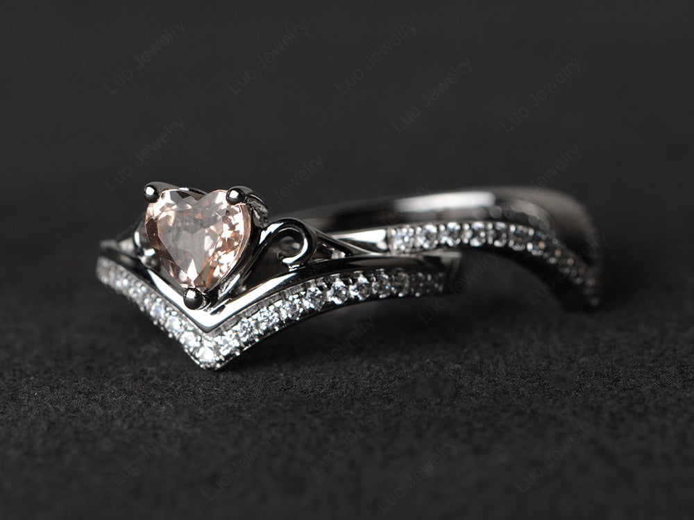 Heart Shaped Morganite Bridal Set Ring Rose Gold - LUO Jewelry