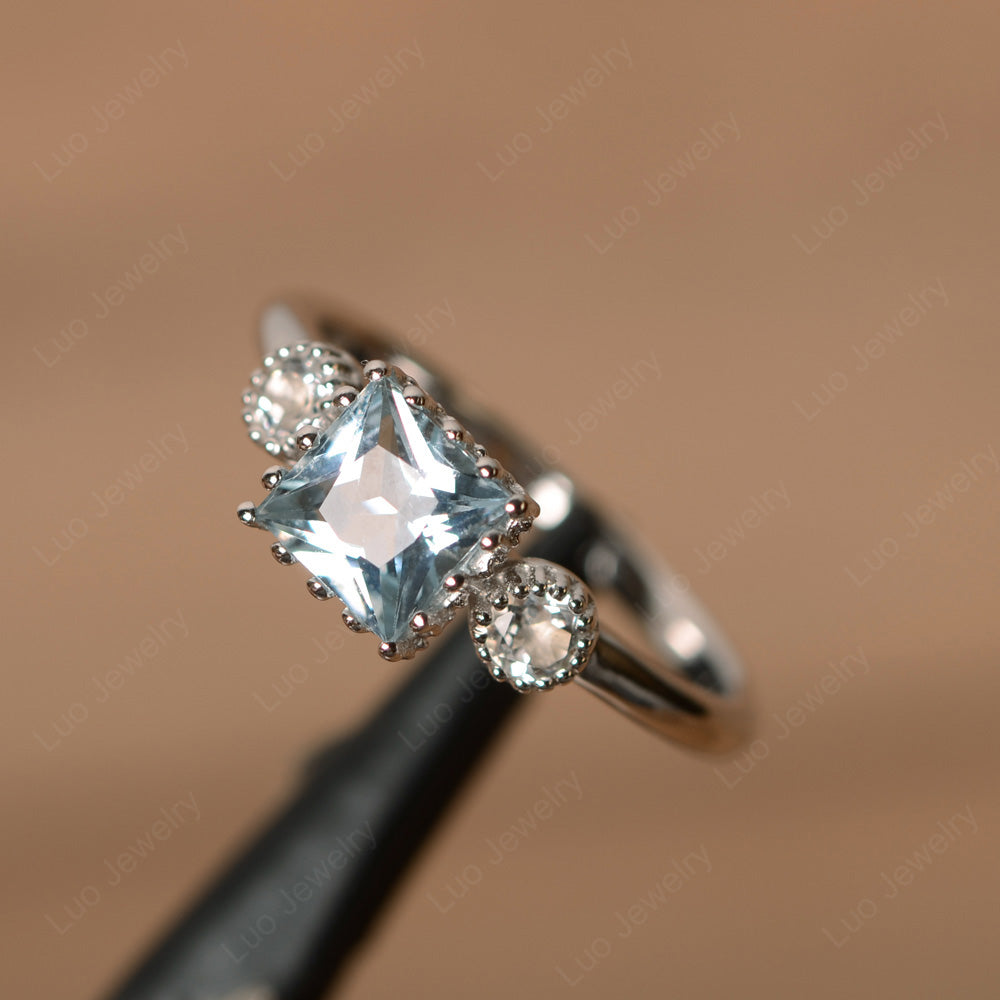 Three Stone Princess Aquamarine Art Deco Ring - LUO Jewelry
