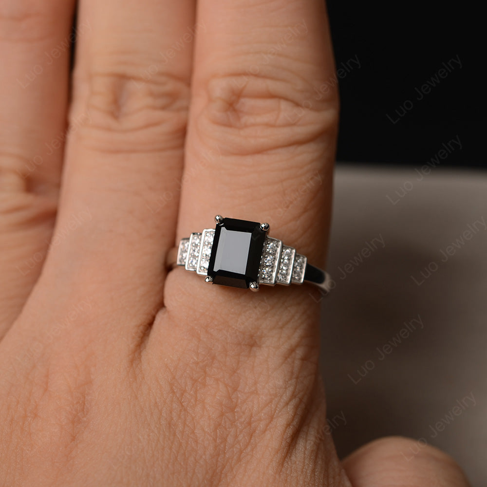 Emerald Cut Black Spinel Promise Ring Silver - LUO Jewelry