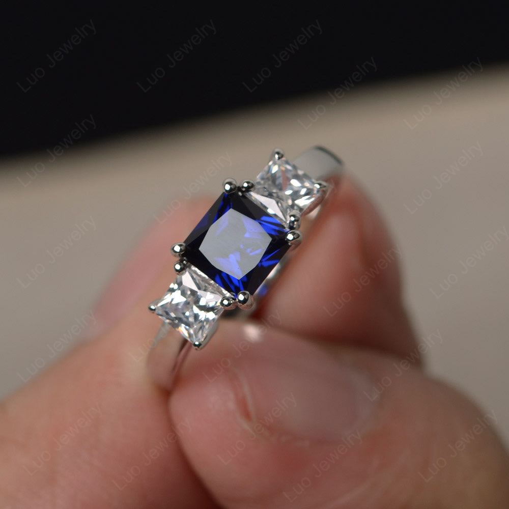 3 Stone Lab Sapphire Princess Cut Lab Sapphire Ring Silver - LUO Jewelry