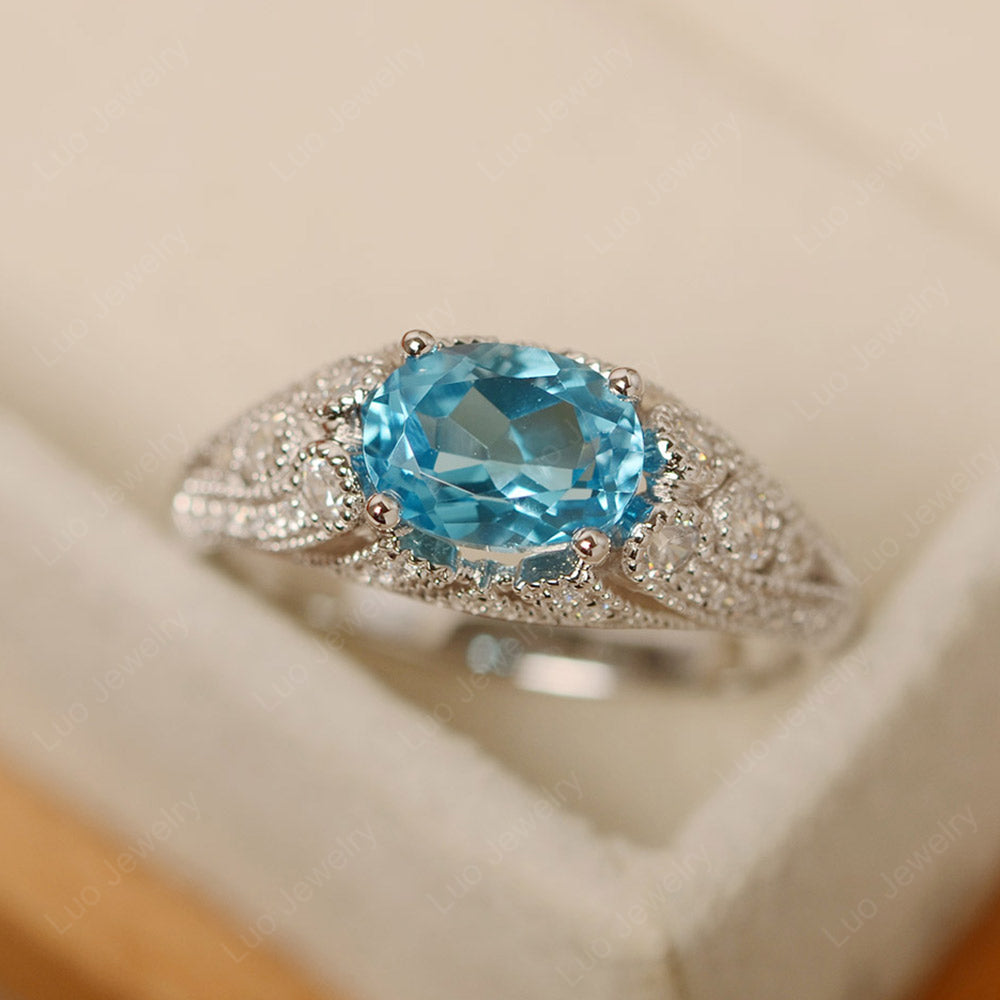 Vintage Horizontal Oval Cut Swiss Blue Topaz Ring - LUO Jewelry