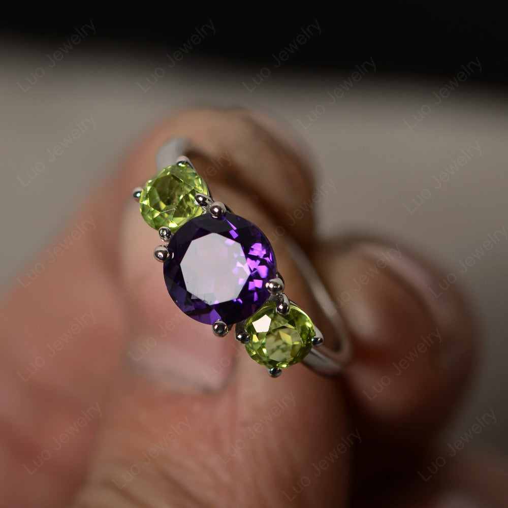 3 Stone Round Cut Amethyst and Peridot Ring - LUO Jewelry