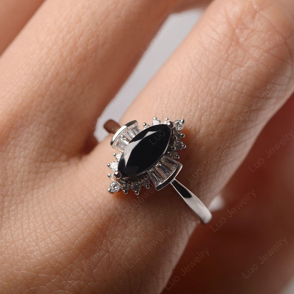 Marquise Black Stone Engagement Ring White Gold - LUO Jewelry