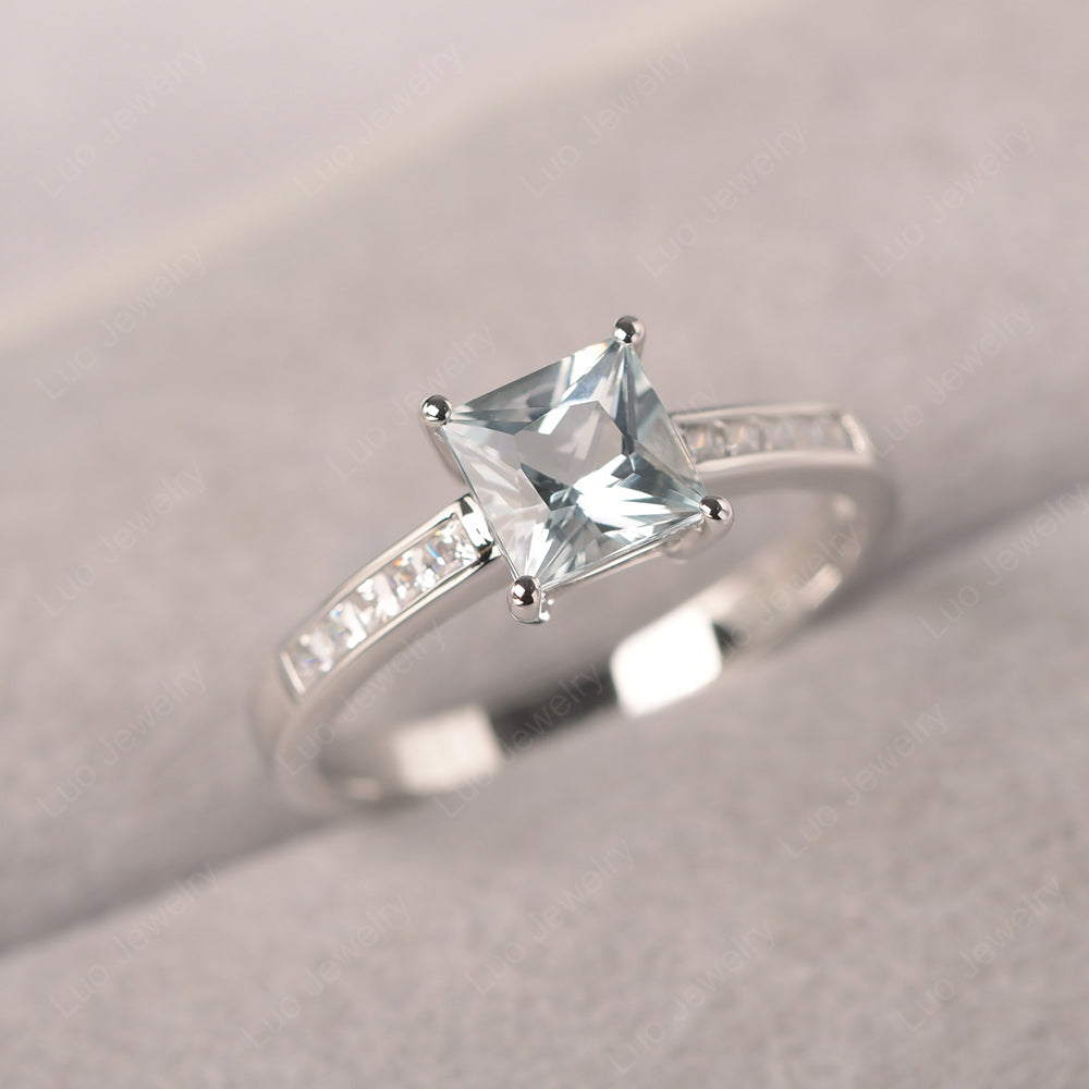 Aquamarine Wedding Rings Princess Cut Rose Gold - LUO Jewelry
