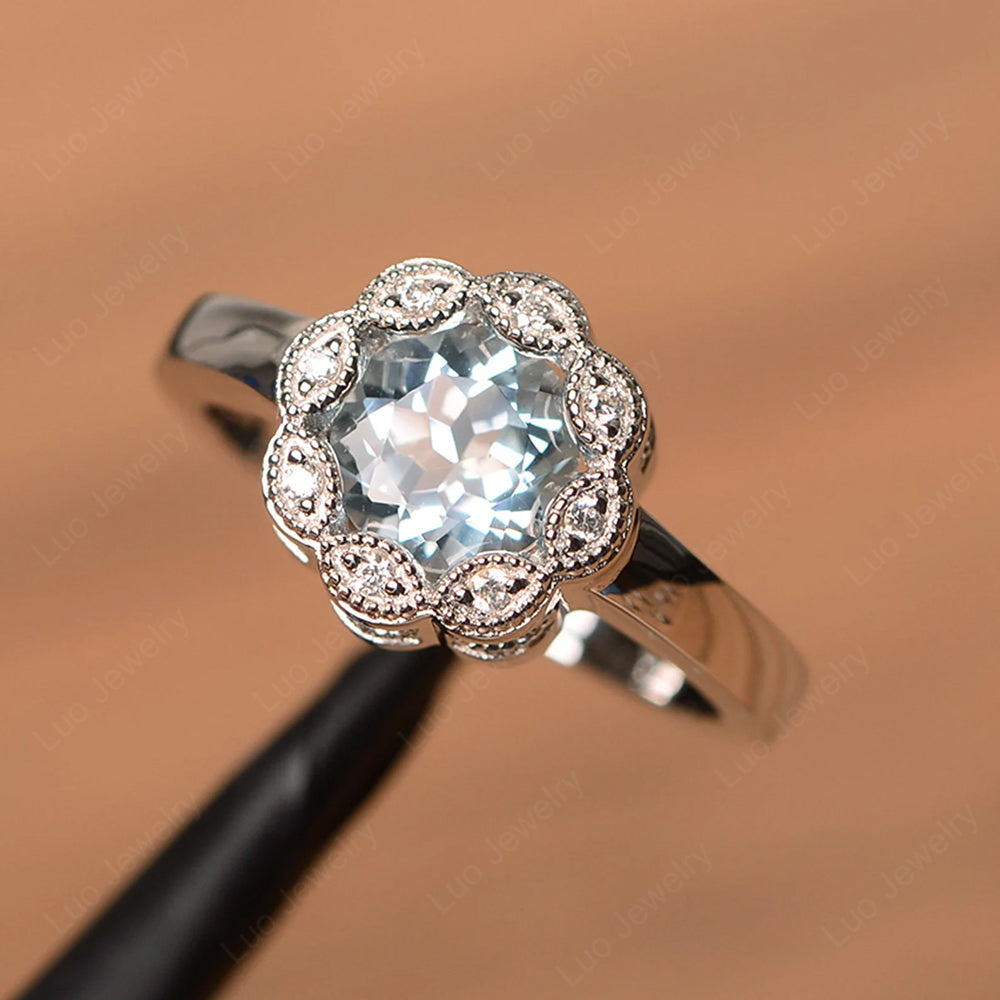 Vintage Aquamarine Ring Halo Flower Ring - LUO Jewelry