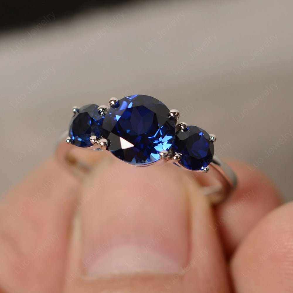 3 Stone Ring Lab Sapphire Engagement Ring - LUO Jewelry