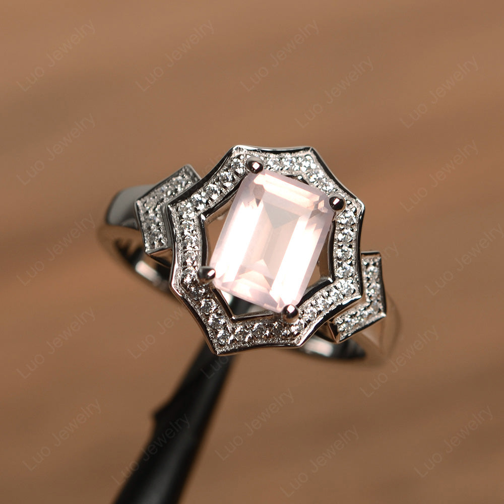 Emerald Cut Rose Quartz Cocktail Ring White Gold - LUO Jewelry