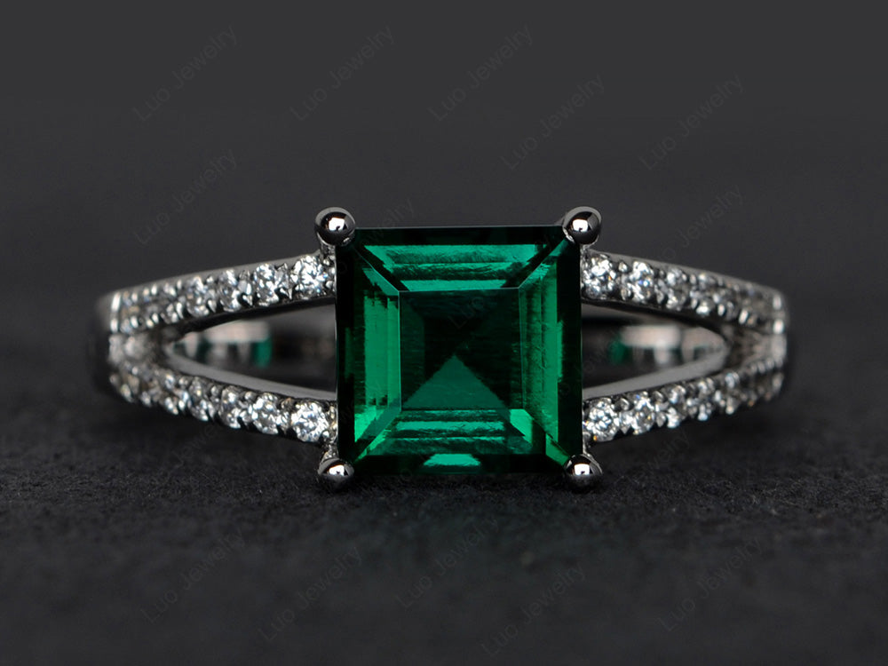 Square Cut Lab Emerald Split Shank Wedding Ring - LUO Jewelry