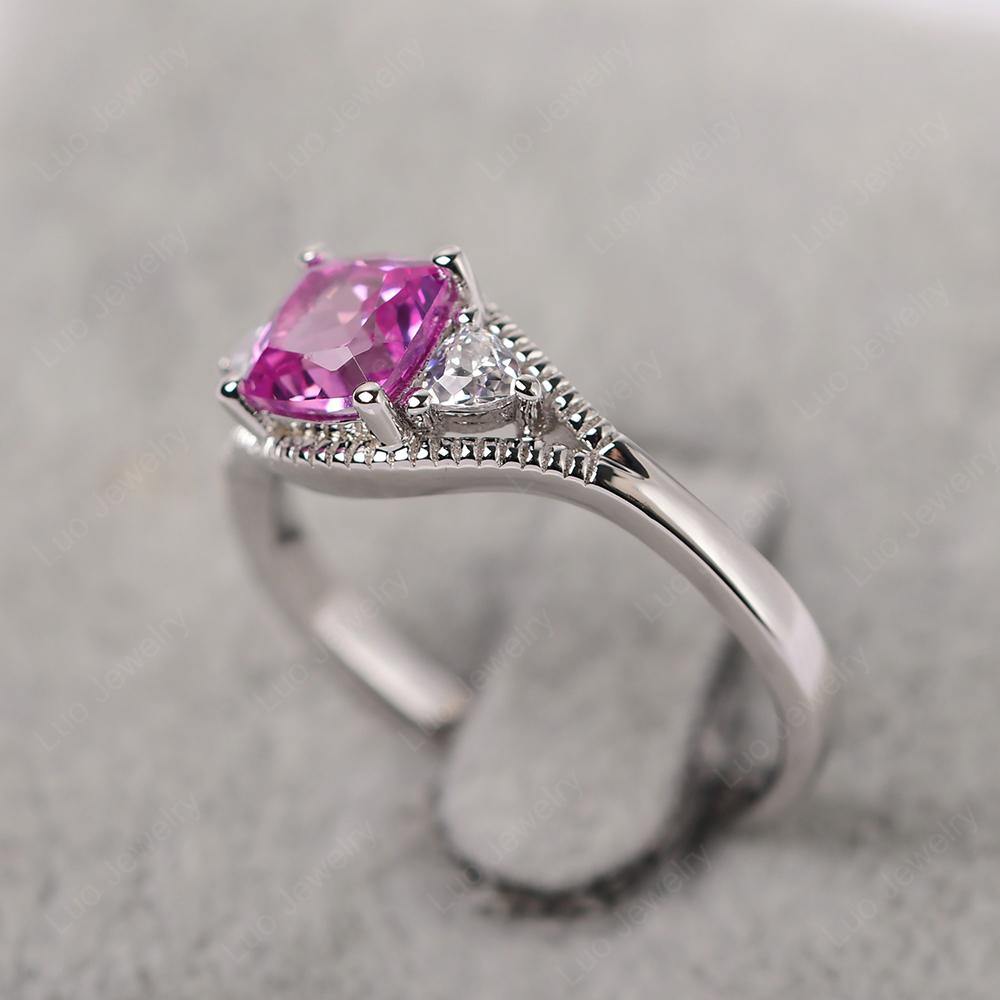 Vintage Pink Sapphire Ring With Trillion Side Stone - LUO Jewelry