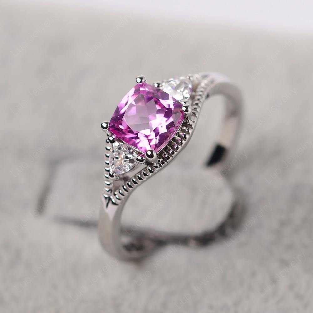 Vintage Pink Sapphire Ring With Trillion Side Stone - LUO Jewelry