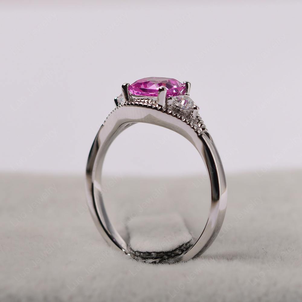 Vintage Pink Sapphire Ring With Trillion Side Stone - LUO Jewelry