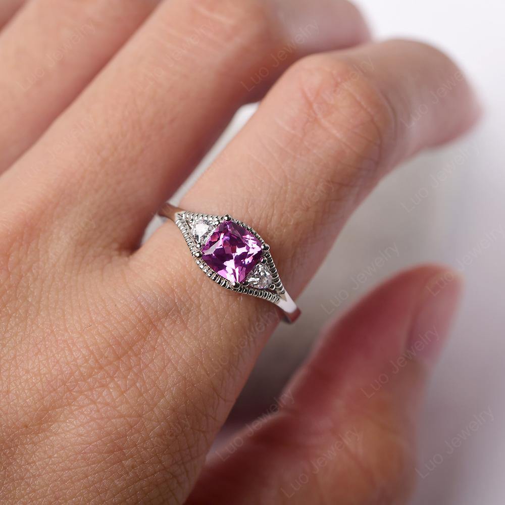 Vintage Pink Sapphire Ring With Trillion Side Stone - LUO Jewelry