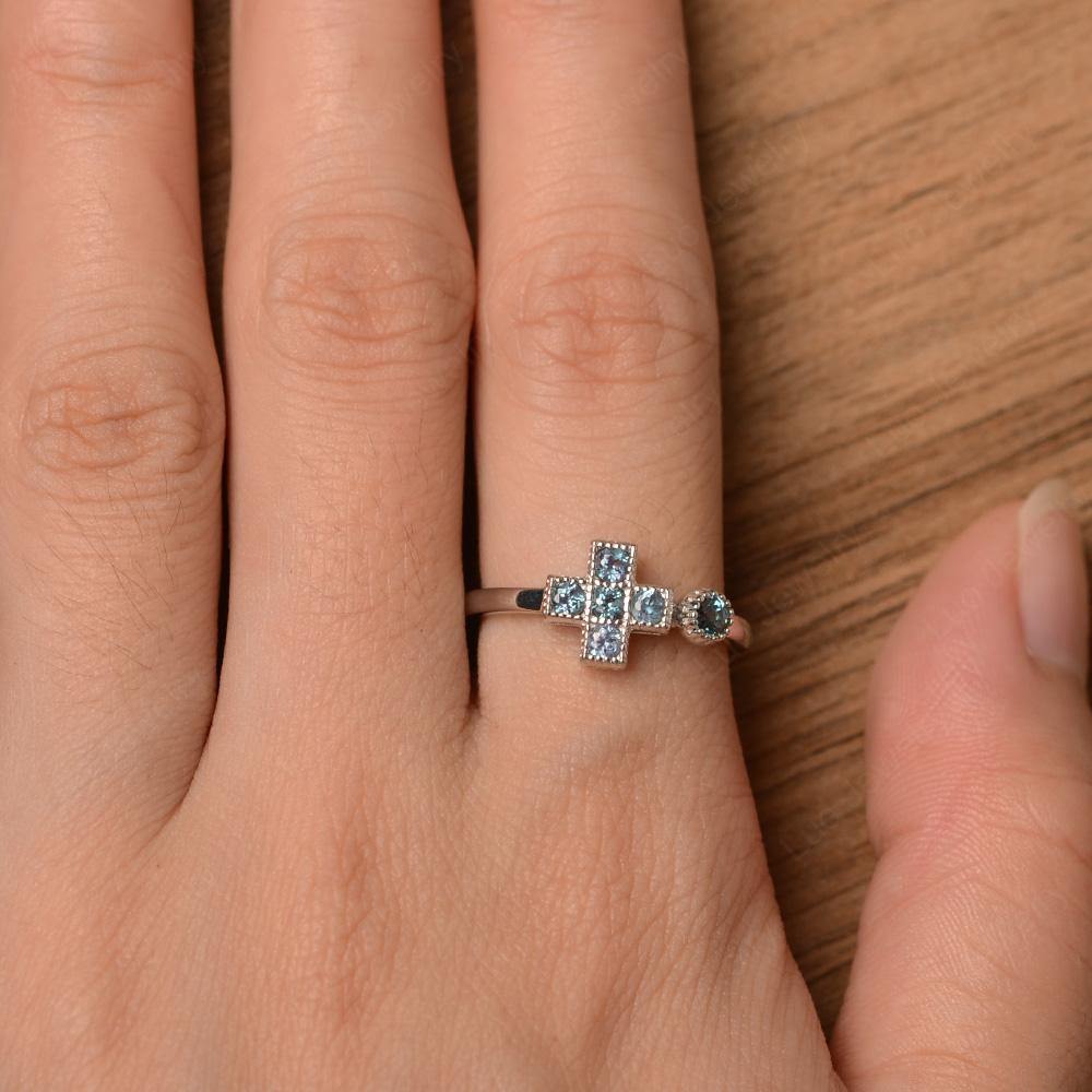 Aquamarine Cross Ring Mothers Ring 6 Stone - LUO Jewelry