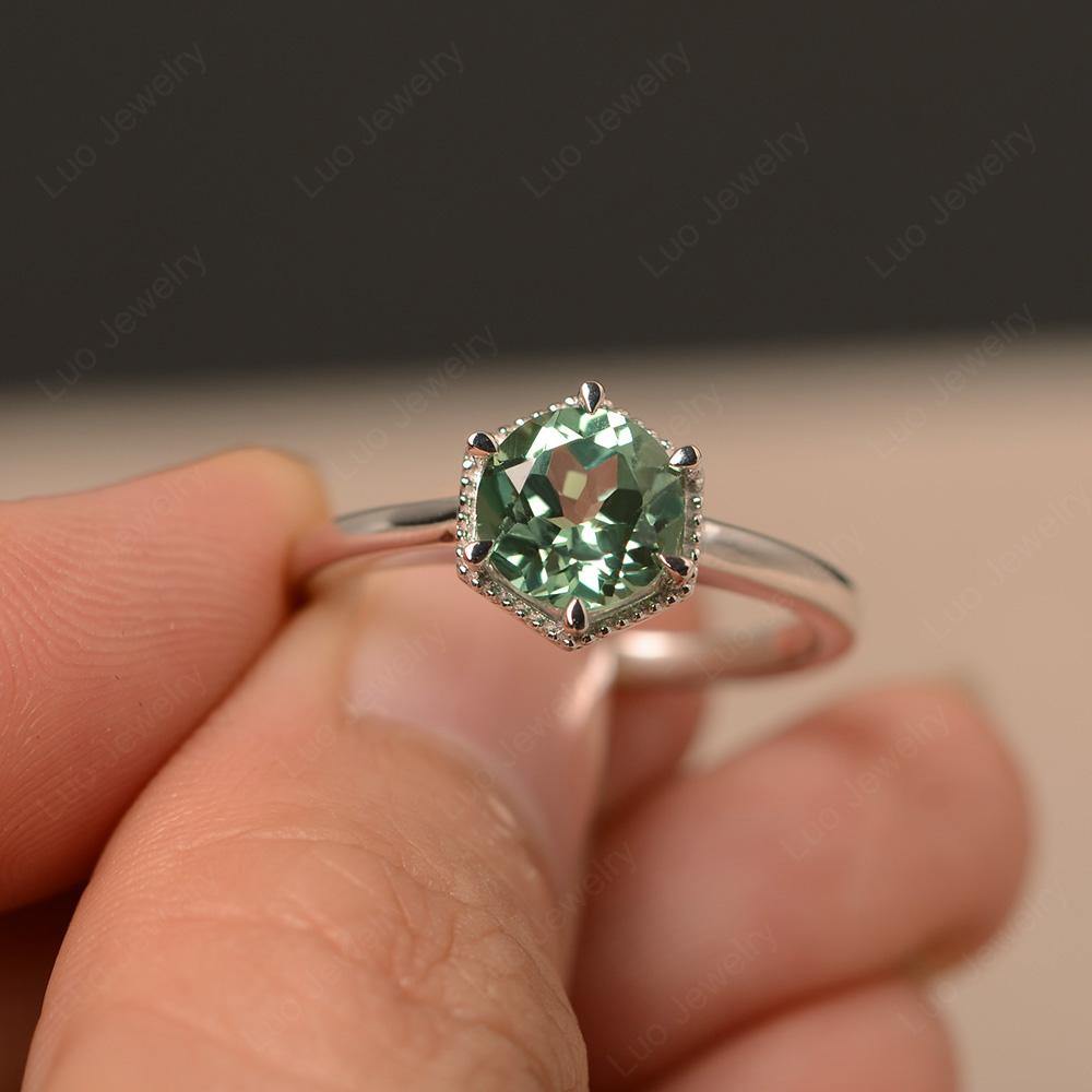 Green Sapphire Hexagon Solitaire Engagement Ring - LUO Jewelry