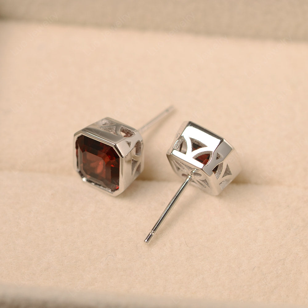 Asscher Cut Bezel Set Garnet Earrings Stud - LUO Jewelry