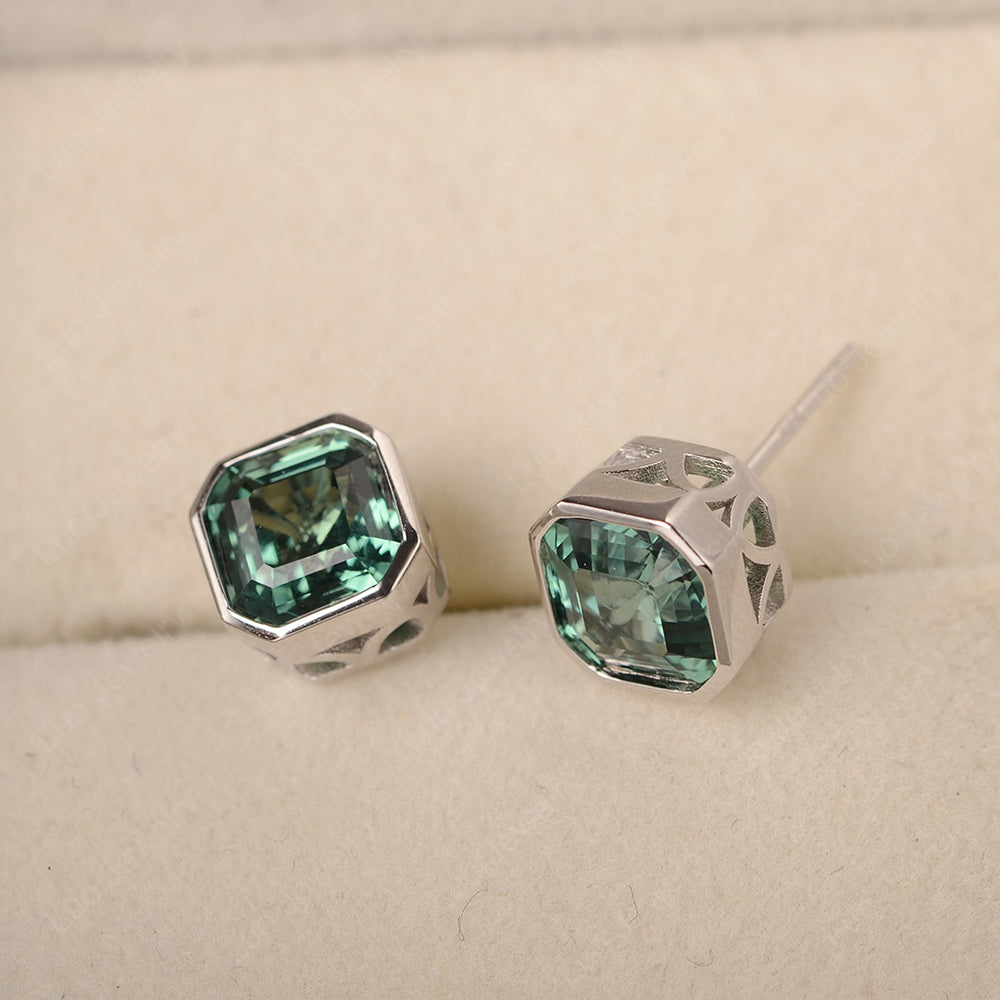 Asscher Cut Bezel Set Green Sapphire Earrings Stud - LUO Jewelry