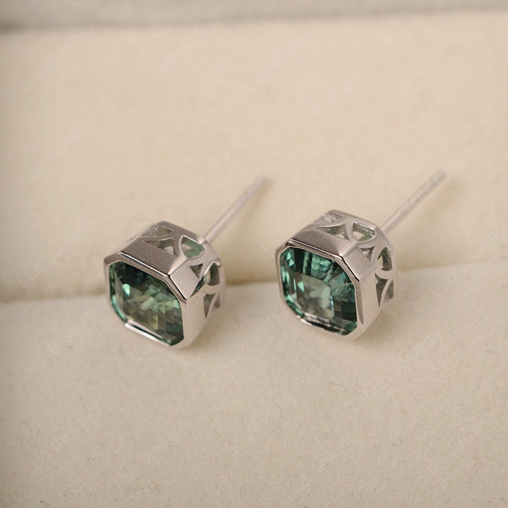 Asscher Cut Bezel Set Green Sapphire Earrings Stud - LUO Jewelry