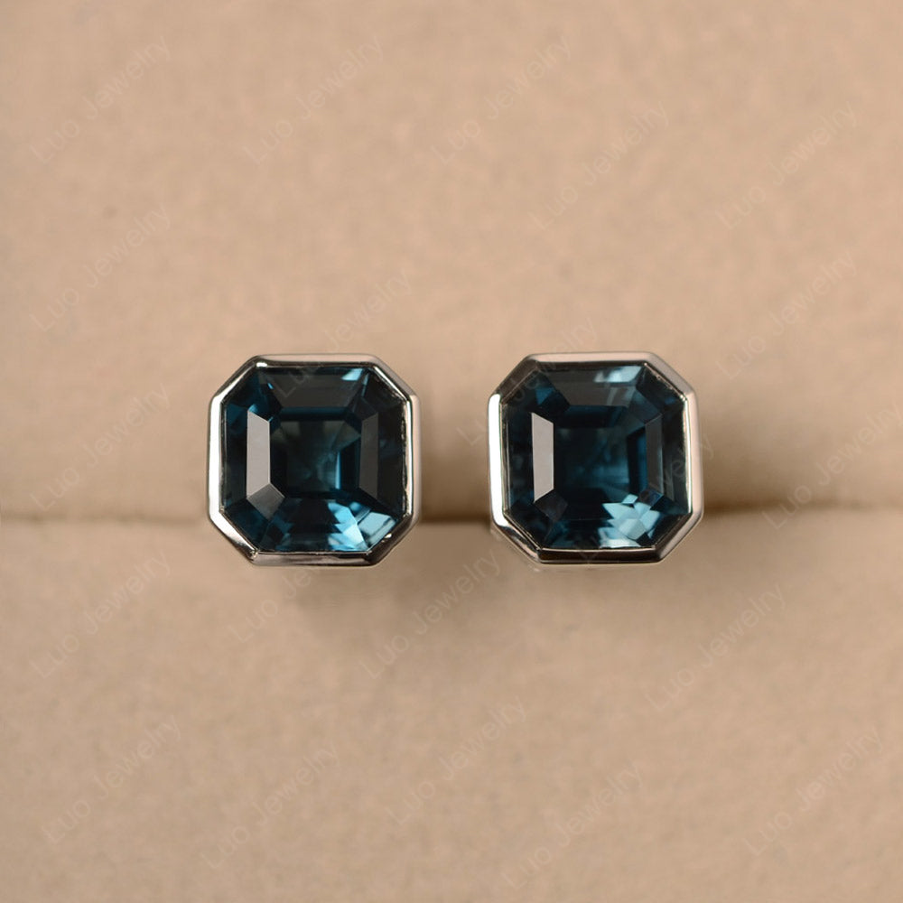 Asscher Cut Bezel Set London Blue Topaz Earrings Stud - LUO Jewelry
