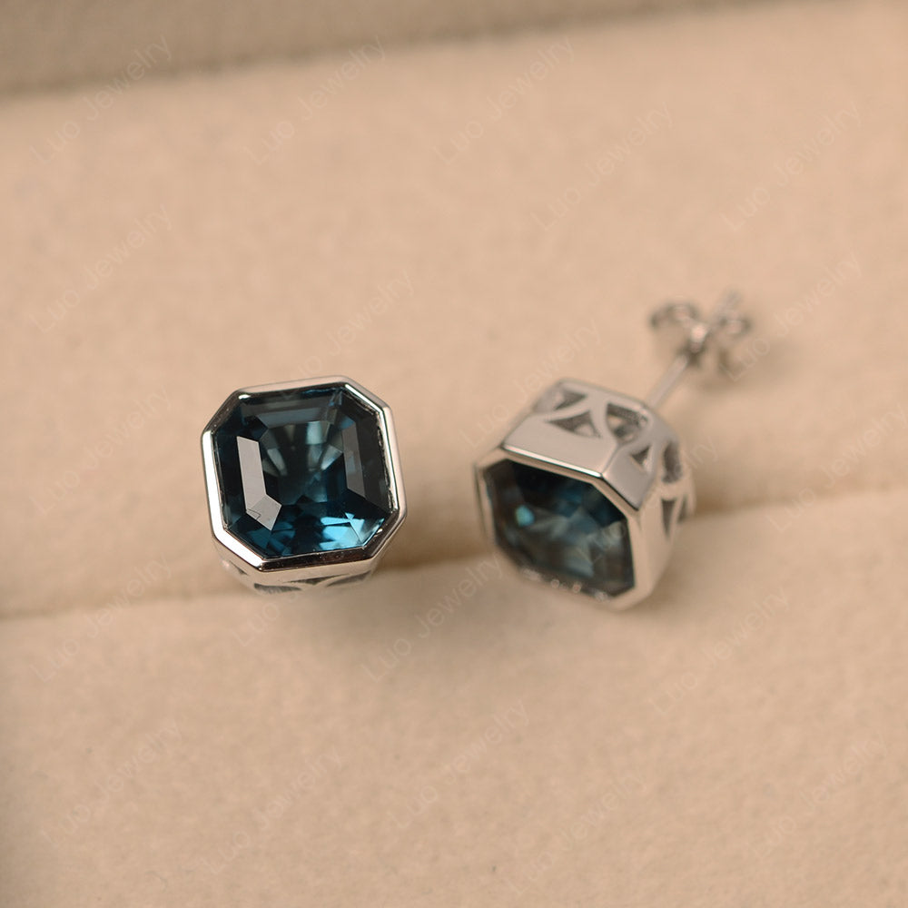 Asscher Cut Bezel Set London Blue Topaz Earrings Stud - LUO Jewelry