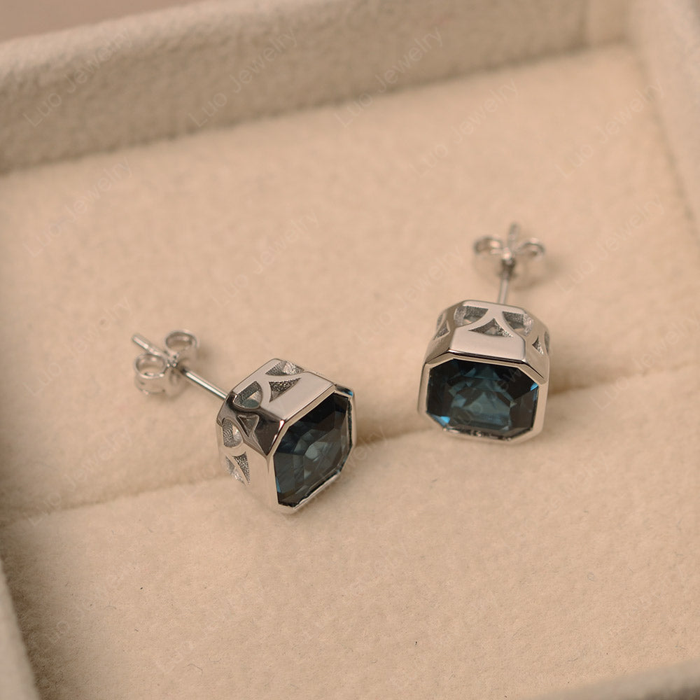 Asscher Cut Bezel Set London Blue Topaz Earrings Stud - LUO Jewelry