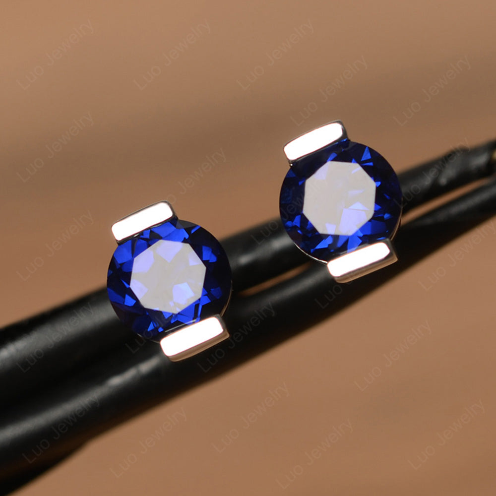 Lab Sapphire Bezel Set Earrings Stud - LUO Jewelry