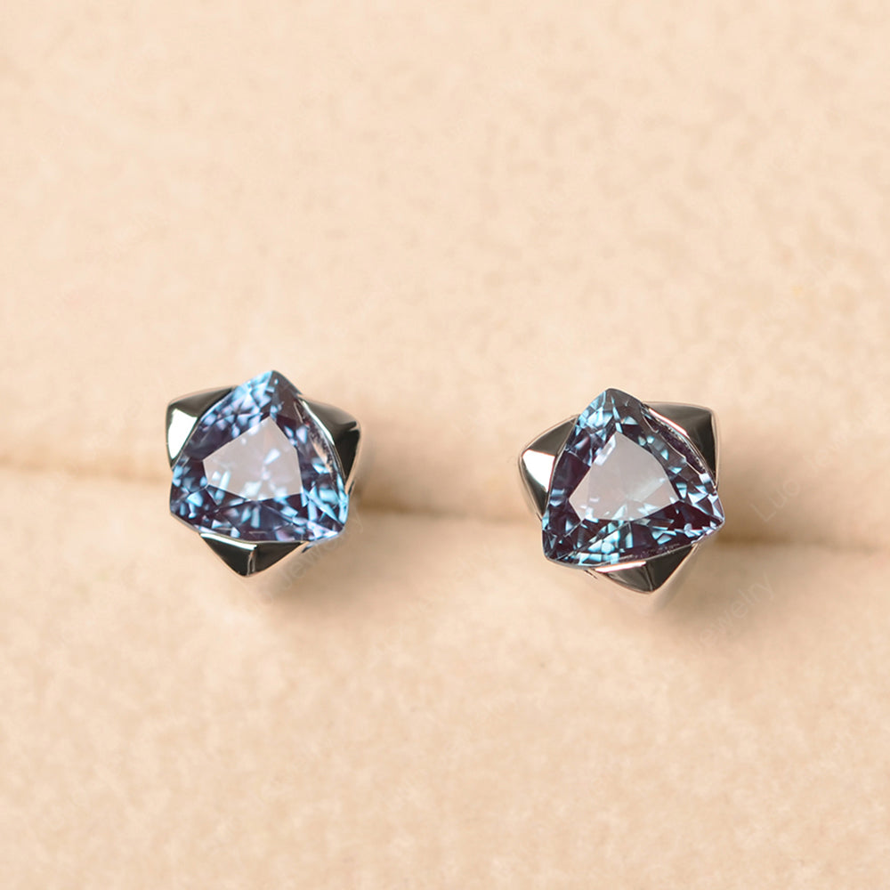 Trillion Cut Bezel Set Alexandrite Stud Earrings - LUO Jewelry