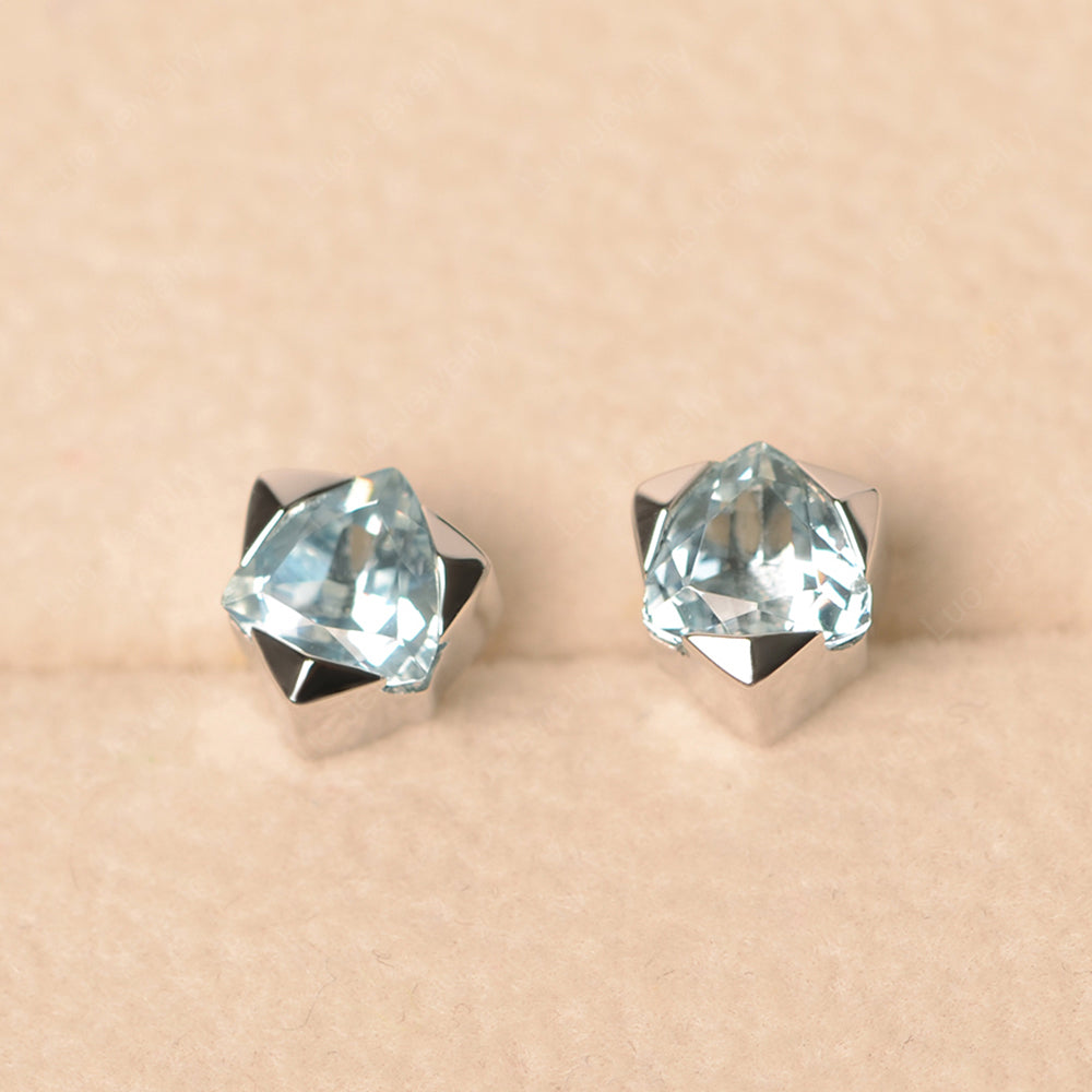 Trillion Cut Bezel Set Aquamarine Stud Earrings - LUO Jewelry