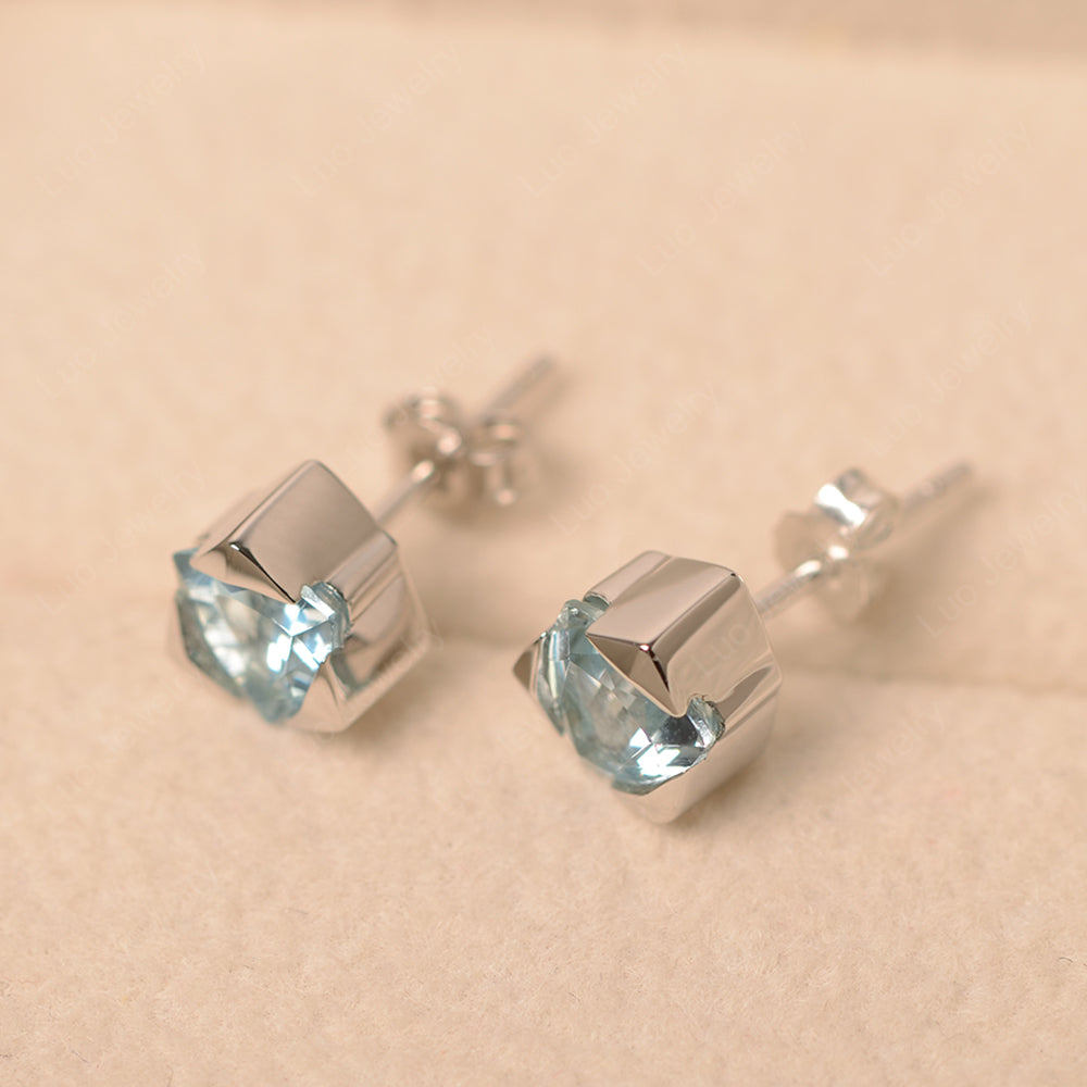 Trillion Cut Bezel Set Aquamarine Stud Earrings - LUO Jewelry