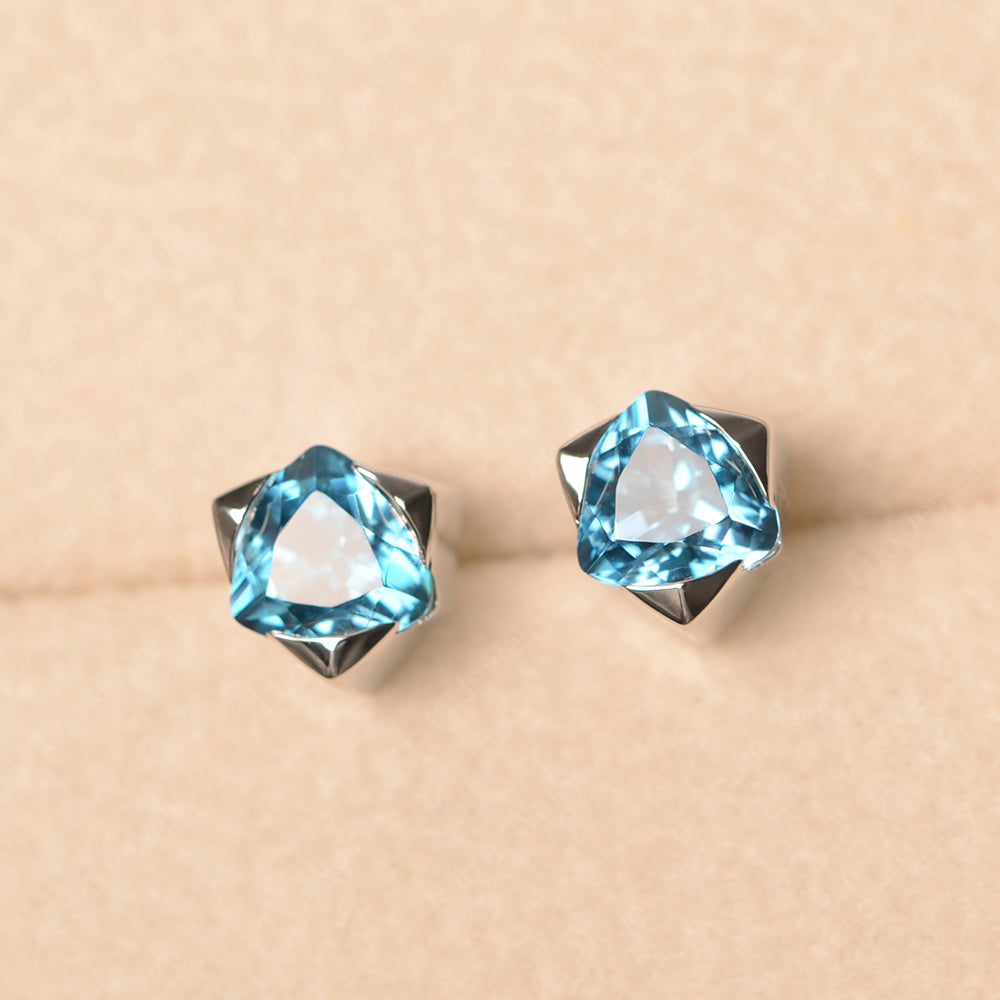 Trillion Cut Bezel Set London Blue Topaz Stud Earrings - LUO Jewelry