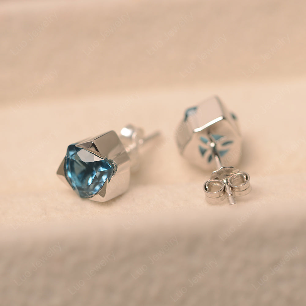 Trillion Cut Bezel Set London Blue Topaz Stud Earrings - LUO Jewelry