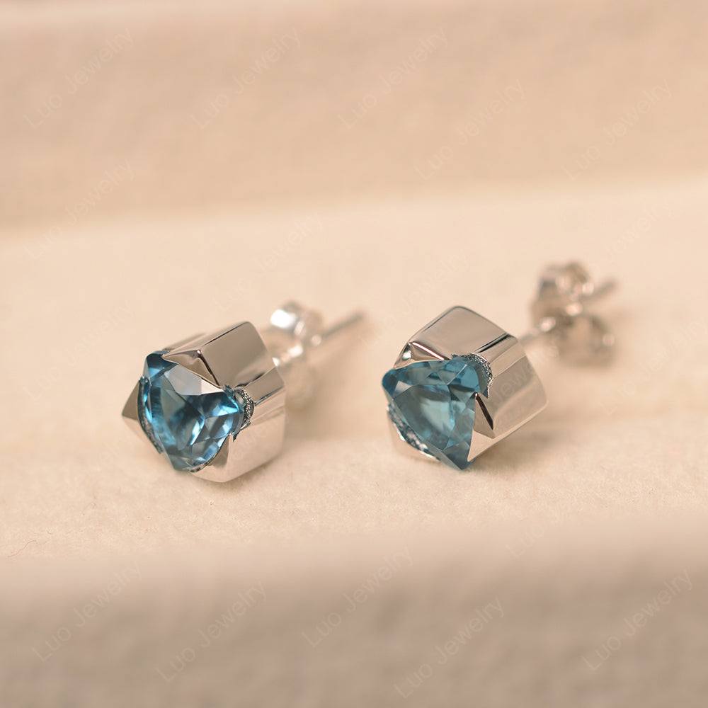 Trillion Cut Bezel Set London Blue Topaz Stud Earrings - LUO Jewelry