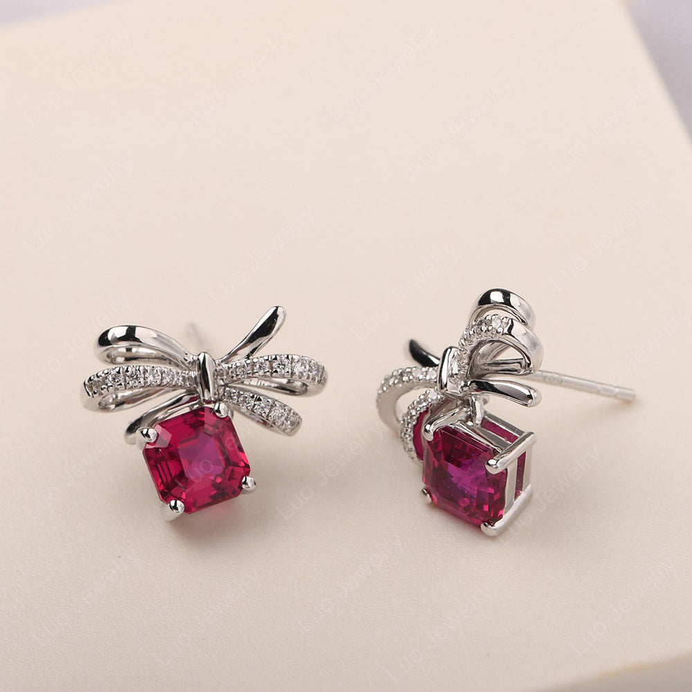 Asscher Cut Ruby Bowknot Earring Stud - LUO Jewelry