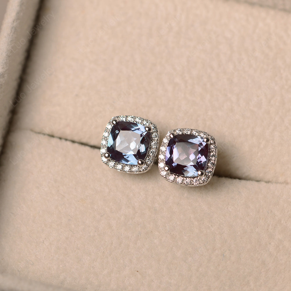 Cushion Cut Alexandrite Halo Stud Earrings - LUO Jewelry