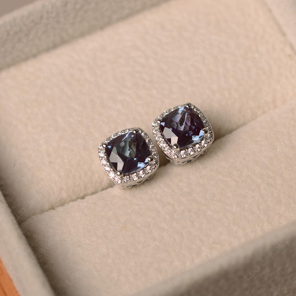 Cushion Cut Alexandrite Halo Stud Earrings - LUO Jewelry