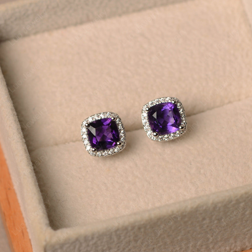 Cushion Cut Amethyst Halo Stud Earrings - LUO Jewelry