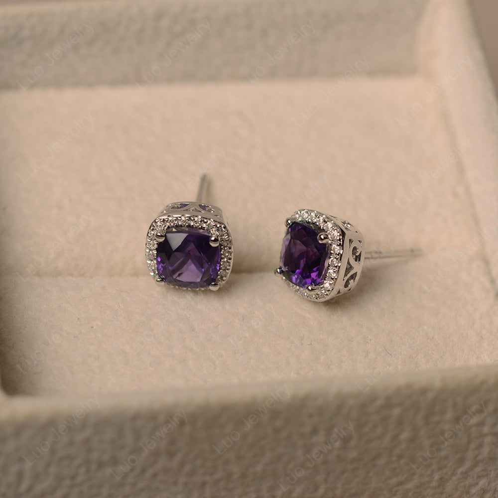 Cushion Cut Amethyst Halo Stud Earrings - LUO Jewelry