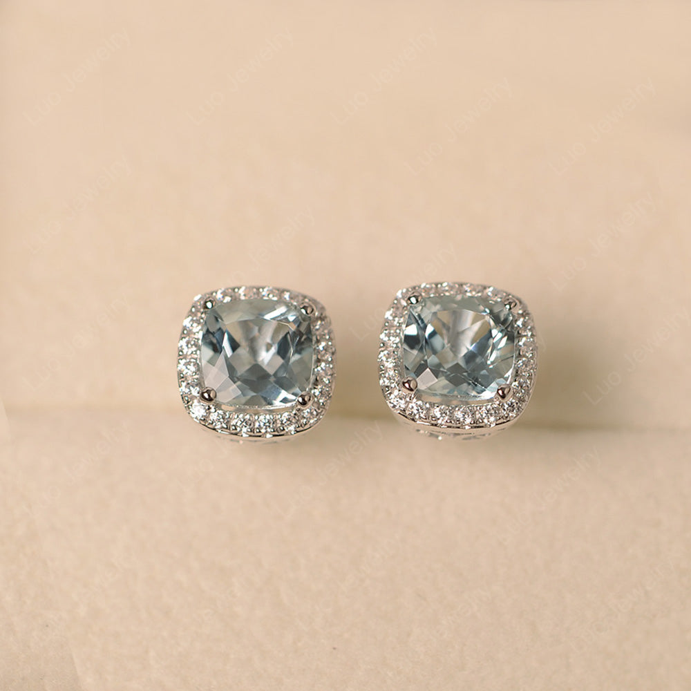 Cushion Cut Aquamarine Halo Stud Earrings - LUO Jewelry