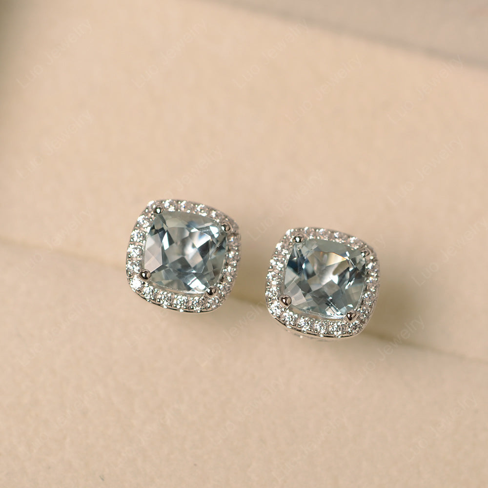 Cushion Cut Aquamarine Halo Stud Earrings - LUO Jewelry