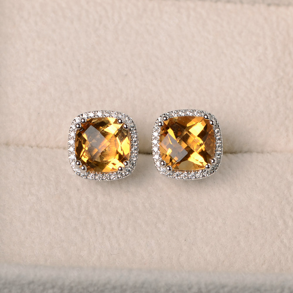 Cushion Cut Citrine Halo Stud Earrings - LUO Jewelry