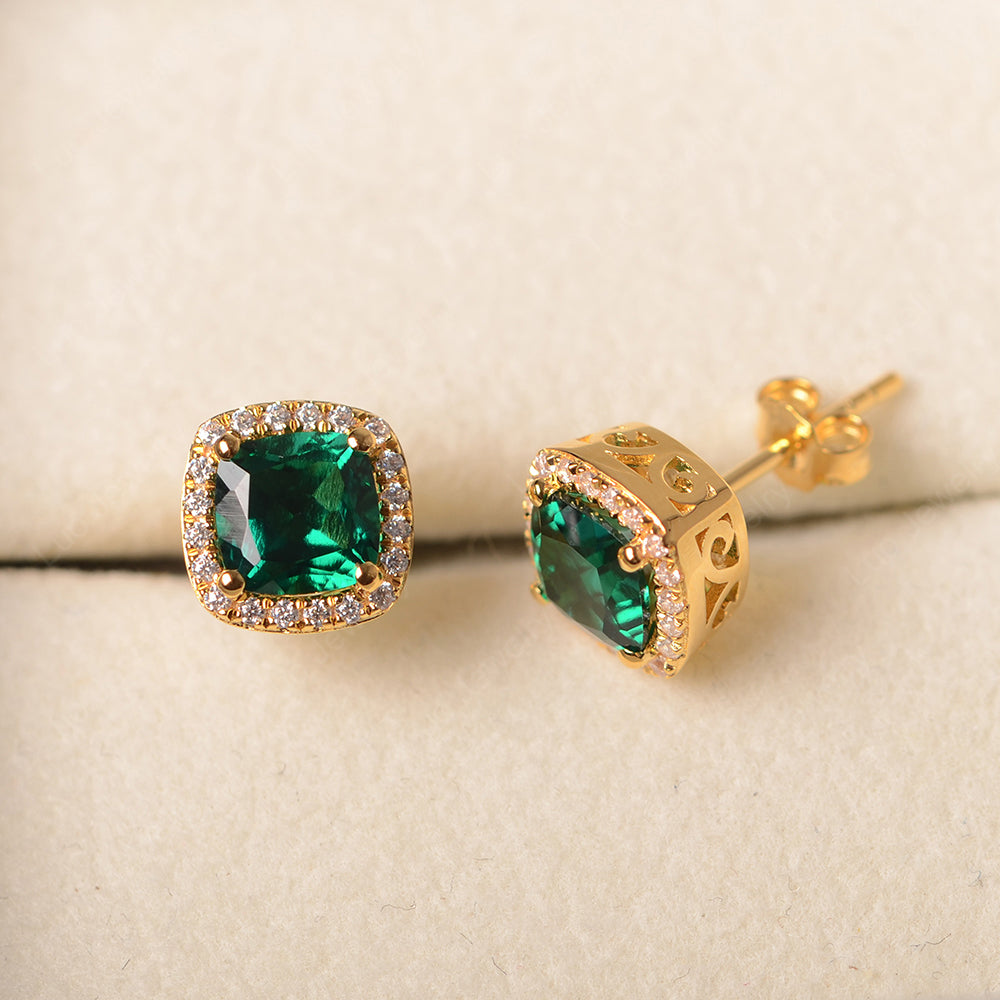 Cushion Cut Lab Emerald Halo Stud Earrings - LUO Jewelry