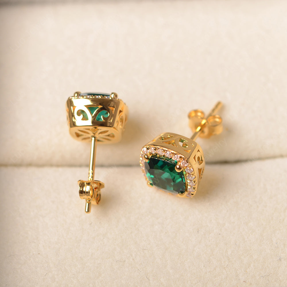 Cushion Cut Lab Emerald Halo Stud Earrings - LUO Jewelry