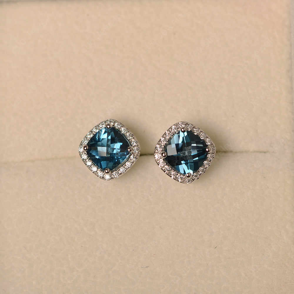Cushion Cut London Blue Topaz Halo Stud Earrings - LUO Jewelry