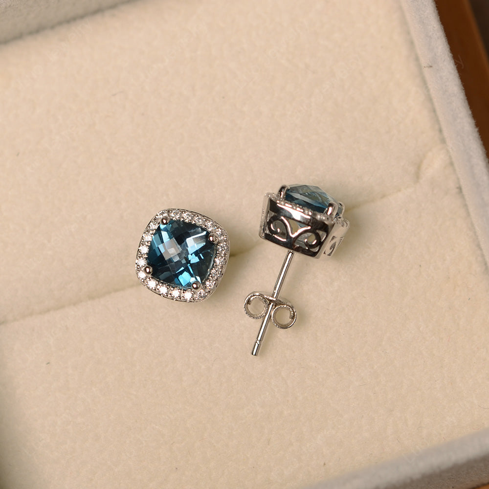 Cushion Cut London Blue Topaz Halo Stud Earrings - LUO Jewelry