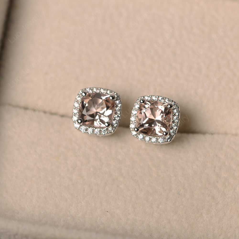 Cushion Cut Morganite Halo Stud Earrings - LUO Jewelry